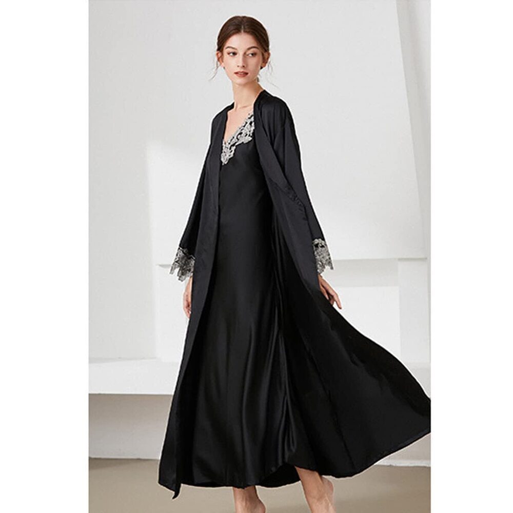 7908 2 Piece Satin Nightgowns and Robe Set Sexy Lace Silk Slip Dress Long - Picture 2 of 6